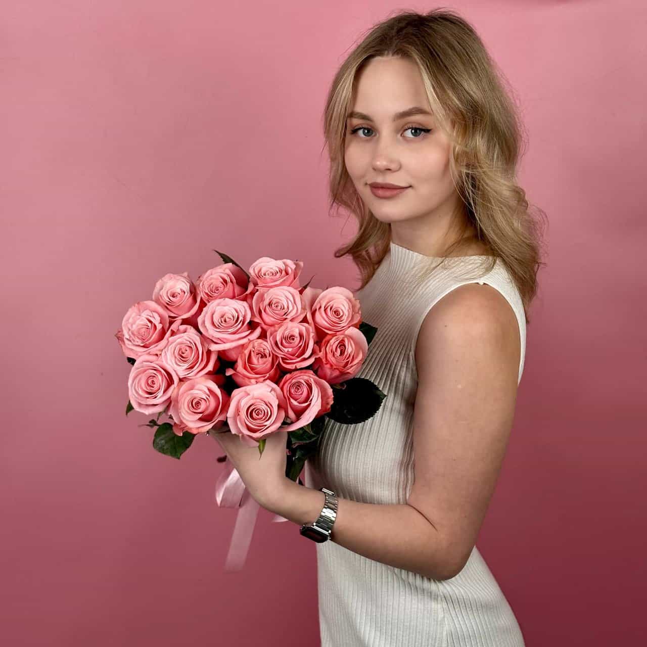 Розовые розы, 15 шт.