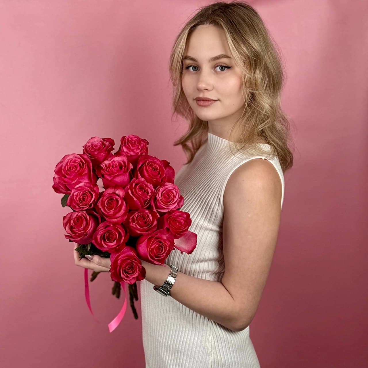Розовые розы, 15 шт. — миниатюра 2