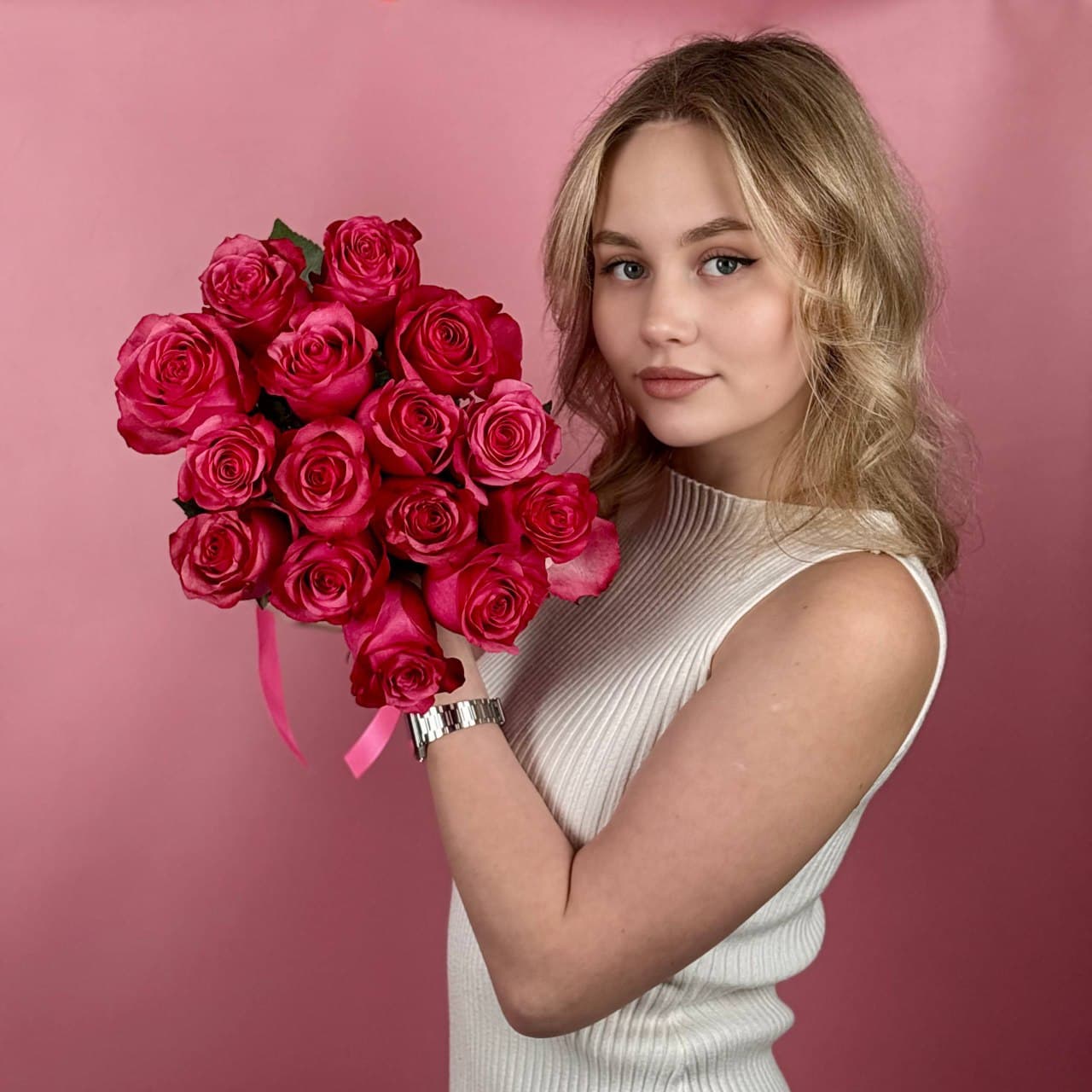 Розовые розы, 15 шт. — миниатюра 4
