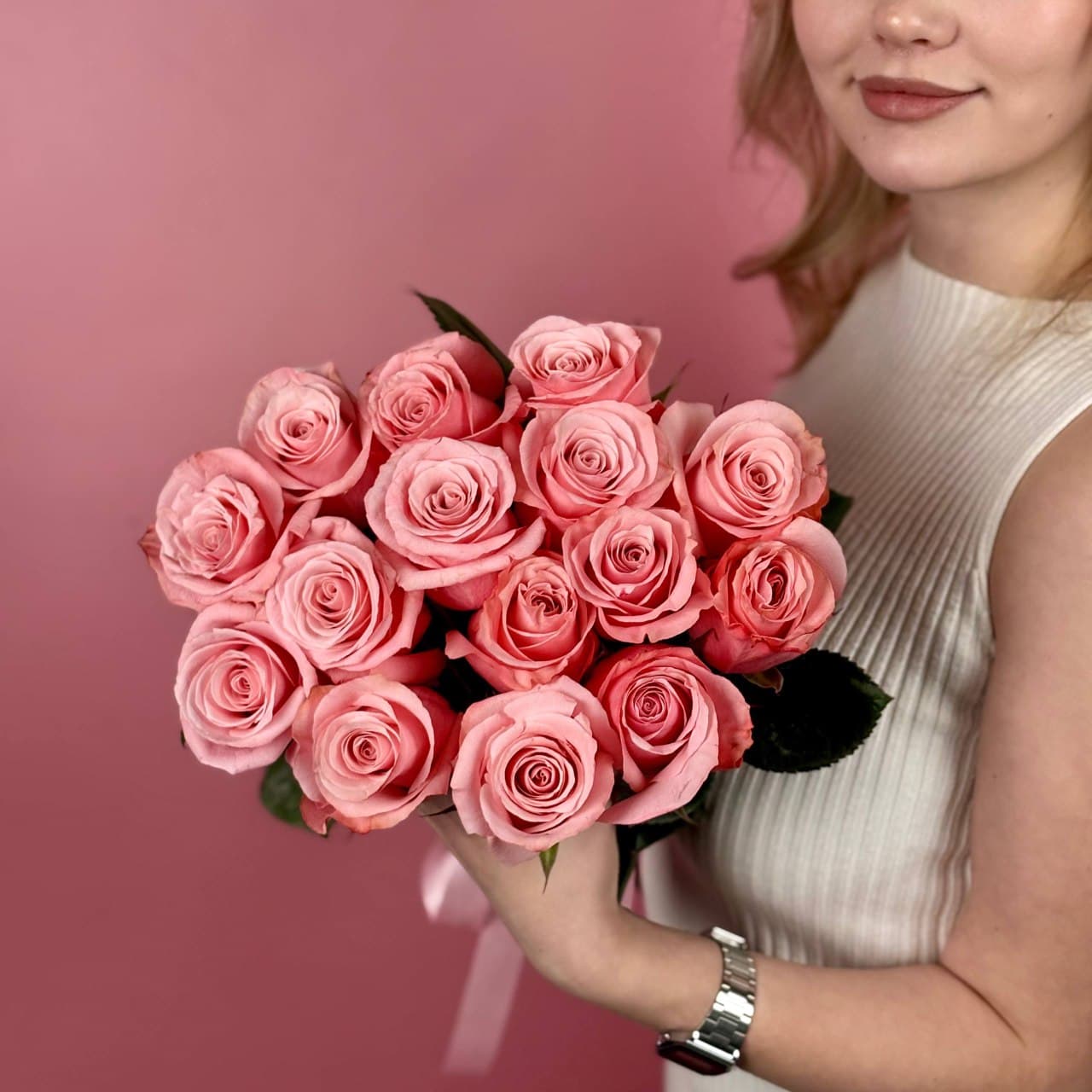 Розовые розы, 15 шт. — миниатюра 1