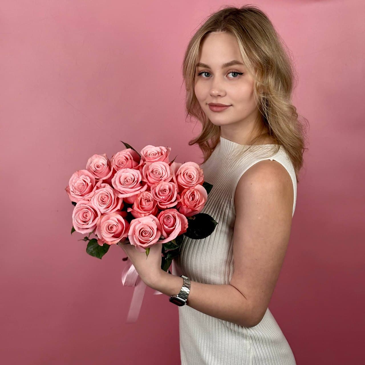 Розовые розы, 15 шт. — миниатюра 2