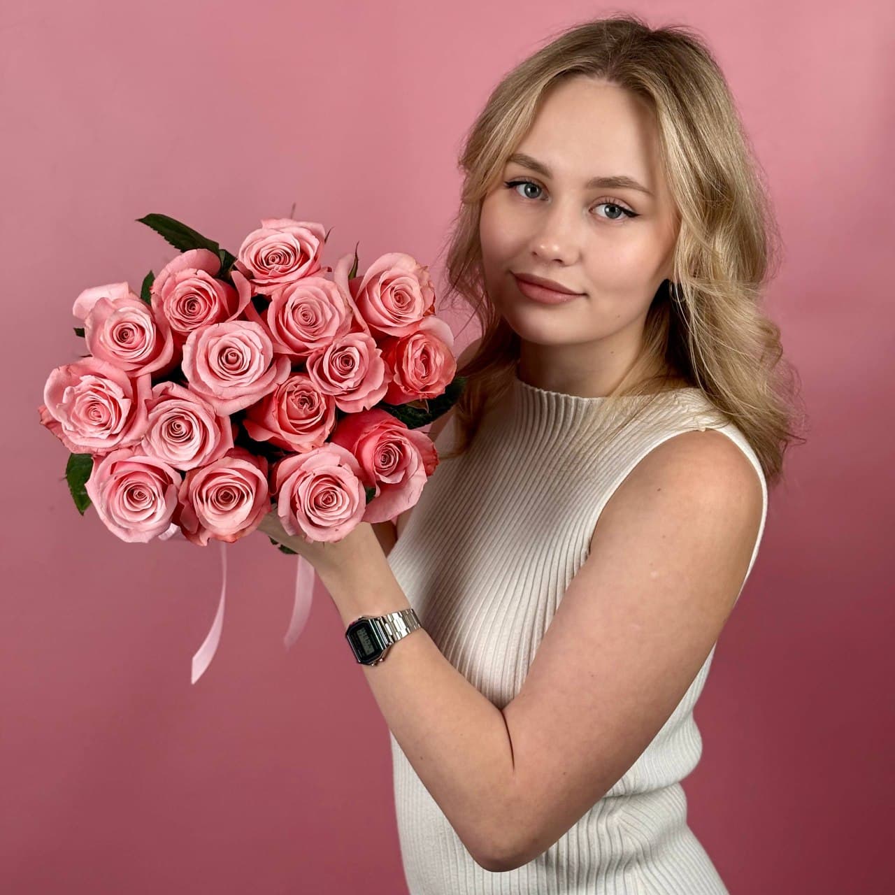 Розовые розы, 15 шт. — миниатюра 3
