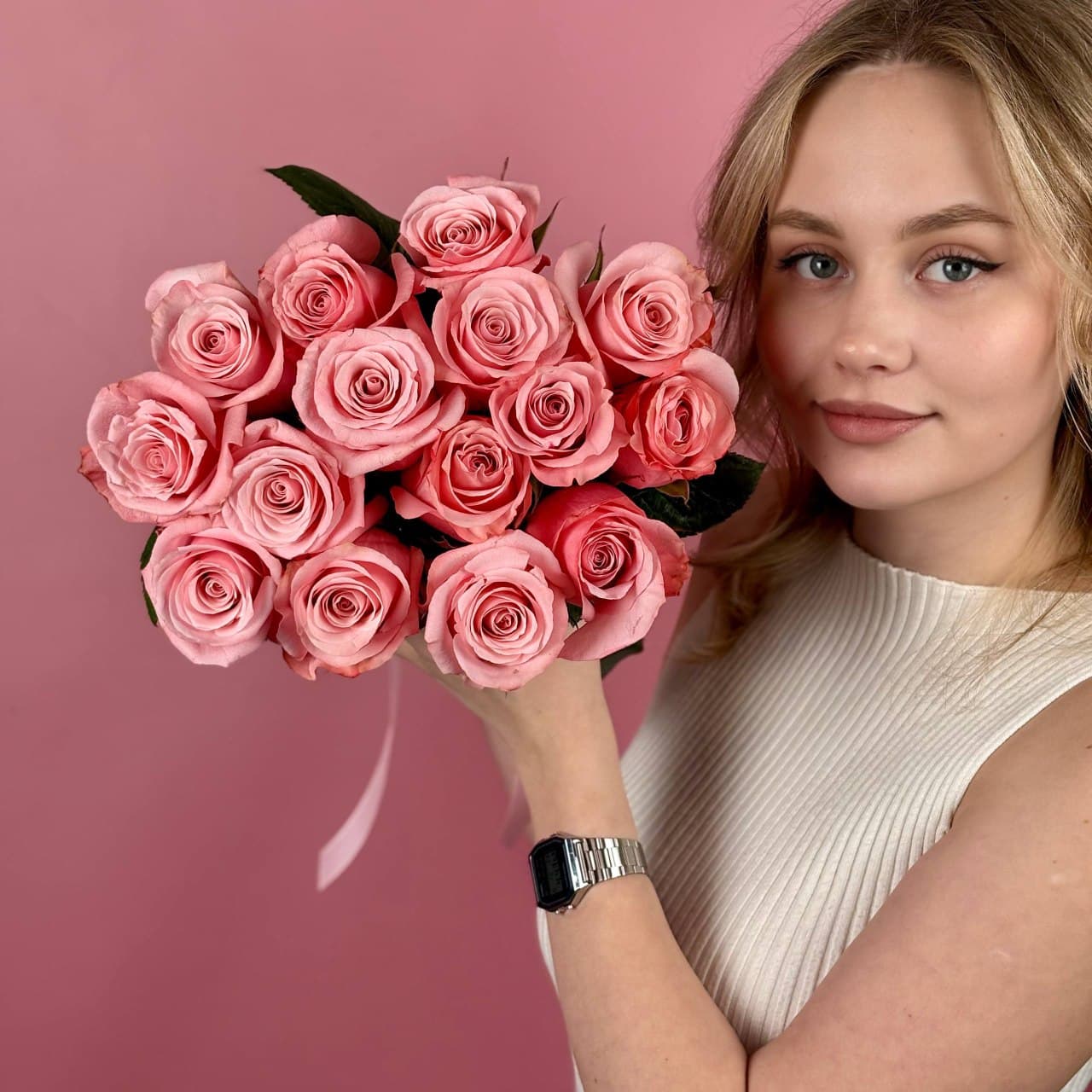 Розовые розы, 15 шт. — миниатюра 4